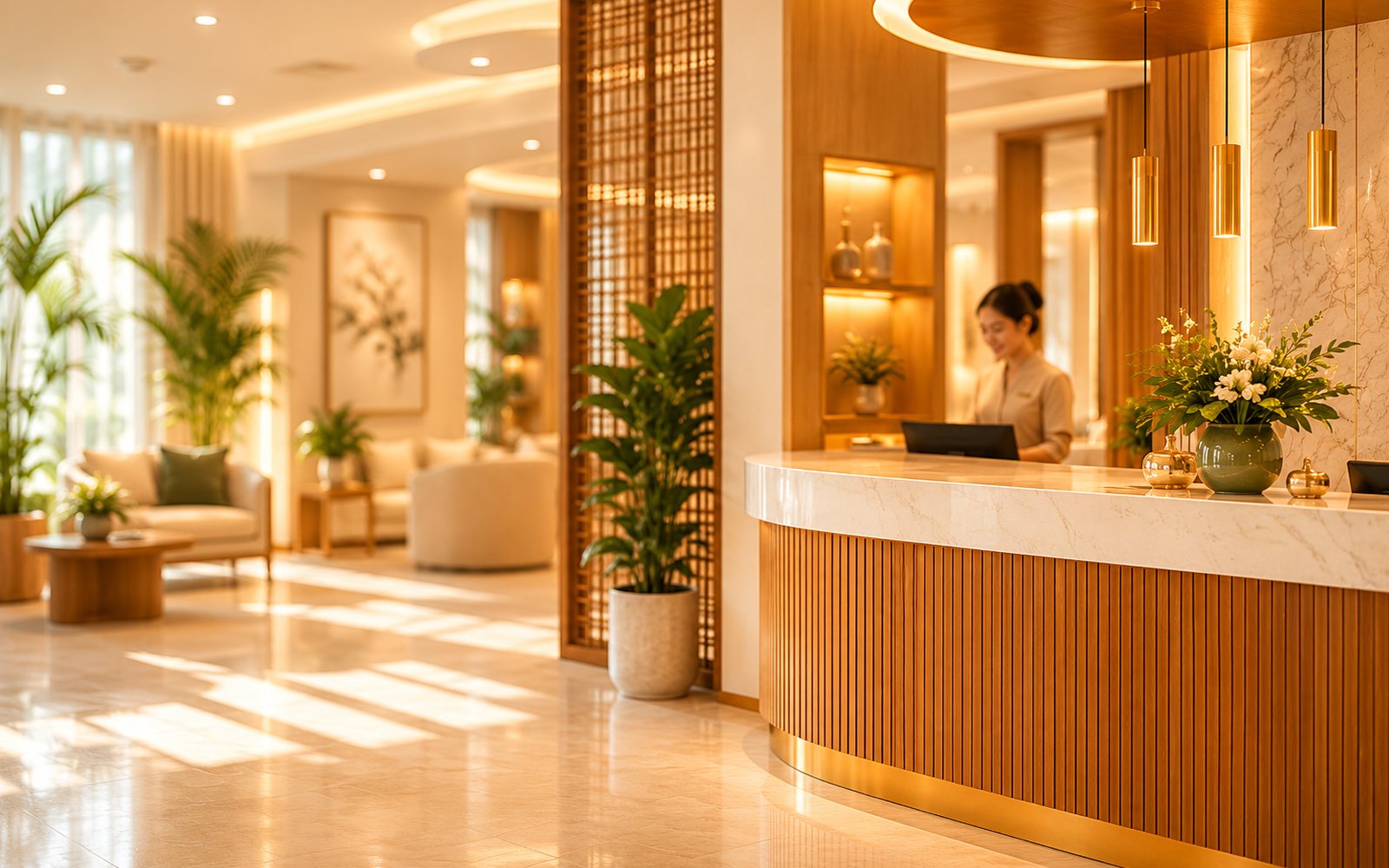 Warm, modern Thai clinic reception with a receptionist at the front desk